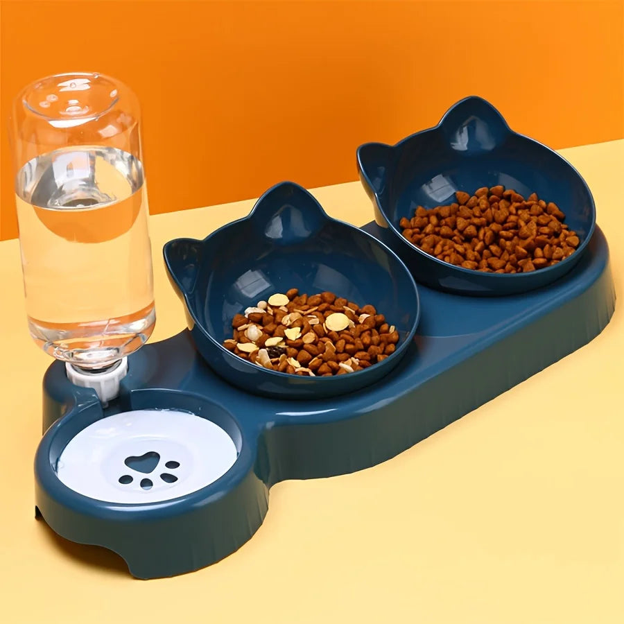 Pet Bowls With Water Feeder, 3 In 1 Ear Design Tilted Cat Water