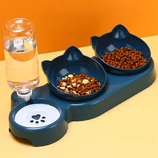 Pet Bowls With Water Feeder, 3 In 1 Ear Design Tilted Cat Water